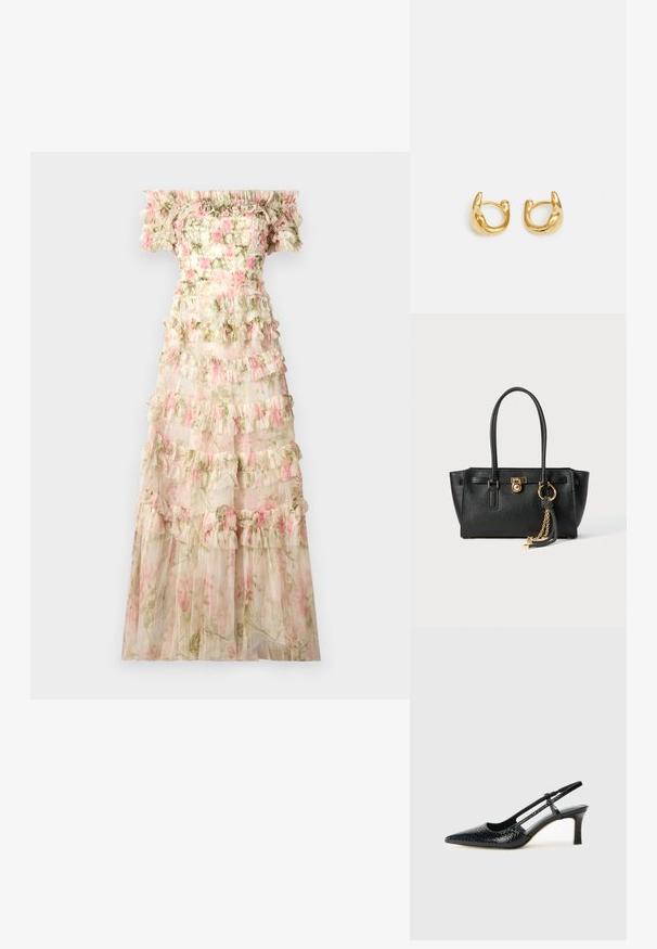 Needle & Thread ROSE LISETTE OFF SHOULDER GOWN - Roupa de cerimónia - moonshine/pink; Salto slingback em patente preta com bico apontado, apresentando um padrão de pele de cobra texturizado, tira ajustável e um salto bloco curto e texturizado.; Bolsa de pele preta com alças duplas, fecho dourado e detalhe em corrente, além de um acessório de tassel preto e branco, contra um fundo branco.; Brincos de argola em ouro com um design suave e arredondado, com um acabamento polido. Os brincos têm uma forma compacta e robusta, com um fecho sem costuras.