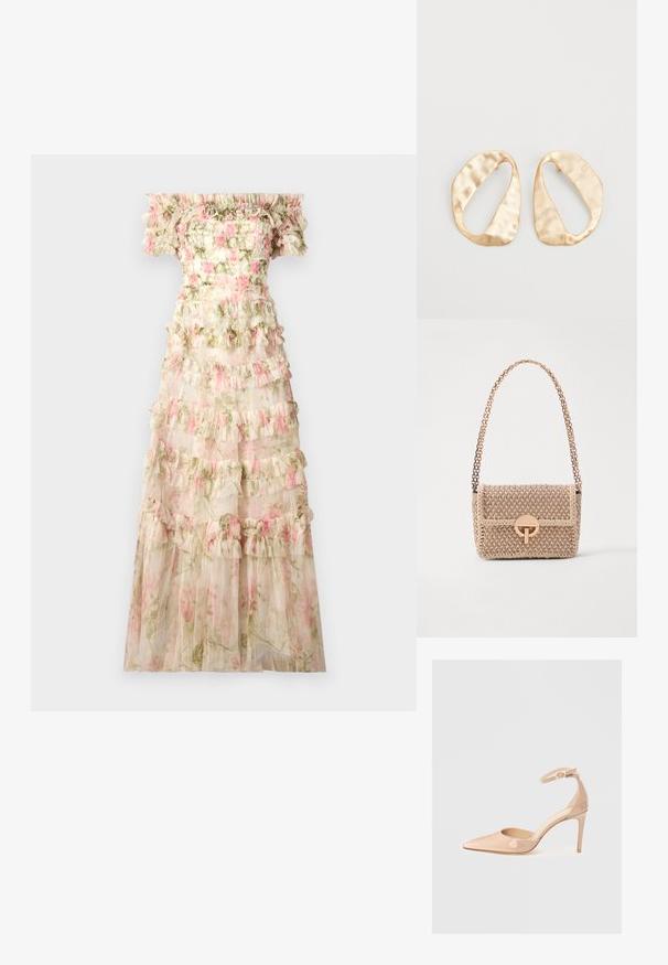 Needle & Thread ROSE LISETTE OFF SHOULDER GOWN - Alkalmi viselet - moonshine/pink; Meztelen színű, lakk bőr, hegyesorrú cipő bokapánttal és stiletto sarkal, sima textúrával és minimalista dizájnnal. ; Vanessa Bruno MOON - Keresztpántos táska - beige/ivoire; Egy pár szabálytalan, ovális formájú, aranyszínű fém fülbevaló, enyhén kalapált felülettel, fehér háttéren.