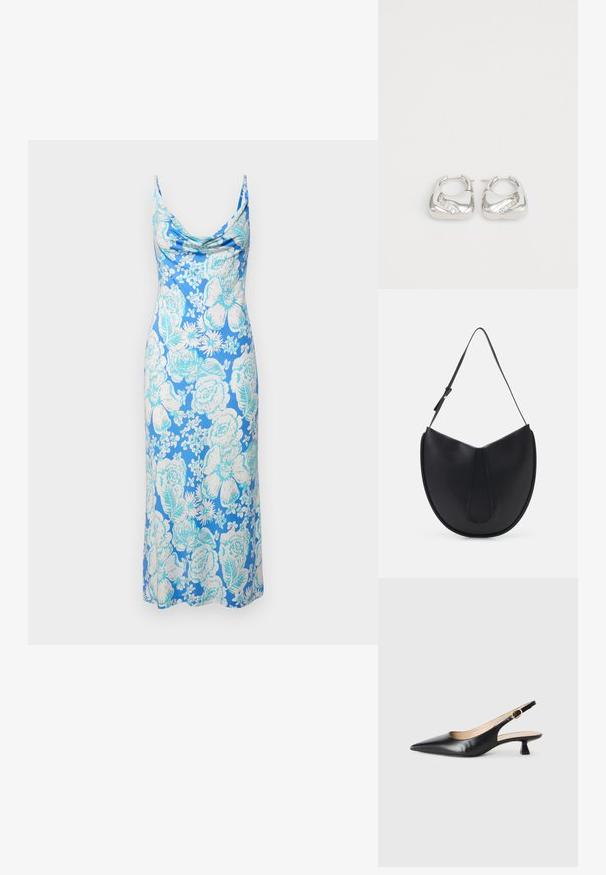 Modrá bezramienková maxidružková šaty s bielou a svetlomodrou kvetinovou potlačou a cowl výstrihom na jednofarebnom pozadí.; Čierne kožené sandále na podpätku s ostrou špičkou a zlatou prackou na bočnom pásiku, na bielom pozadí.; THEMOIRè TIKE - Kabelka - black; Strieborné náušnice vo forme kruhov s hladkým, zaobleným dizajnom a vlnitým akcentom, ktorý obsahuje malé, jasné sklenené kamienky pozdĺž jedného okraja.