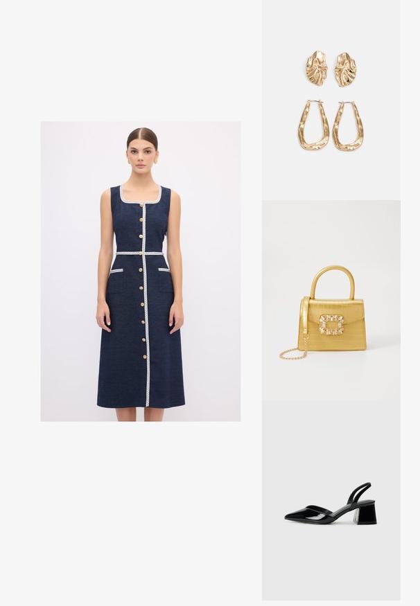 adL WITH STITCHING DETAIL - Maksimekko - navy blue; Mustat patentoitu nahkakengät, joissa on säären takaosa ja terävä kärki, sekä geometrinen palikkakorko. Sisältää tyylikkään, minimalistisen muotoilun ja sileän pinnan.; Keltainen keinonahkainen krokotiililaukku, jossa on jämäkkä muotoilu, yläkahva, irrotettava ketjusanka ja koristeellinen kristallikoristelu lukossa.; Korukultainen korvakorut, joissa on teksturoituja, aaltoilevia muotoja. Mukana on veistokselliset klipsikorvakorut ja avoin rengasmalli, jossa on vasaroitu pinta.