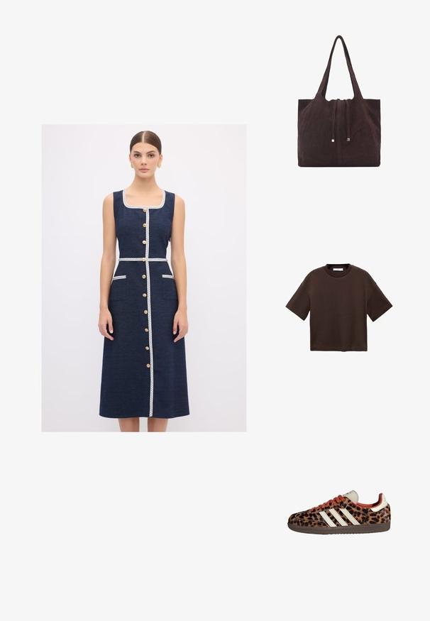 adL WITH STITCHING DETAIL - Maxikleid - navy blue; Braun t-Shirt mit kurzen Ärmeln aus weicher Baumwolle. Verfügt über einen runden Ausschnitt und einen kastigen Schnitt, mit einer glatten Textur und ohne sichtbare Muster.; Sneaker im Leopardenmuster aus Wildleder mit roten Schnürsenkeln und drei weißen Streifen an der Seite. Sie haben eine cremefarbene Zunge und eine braune Sohle.; Mango Shopping Bag - dark brown