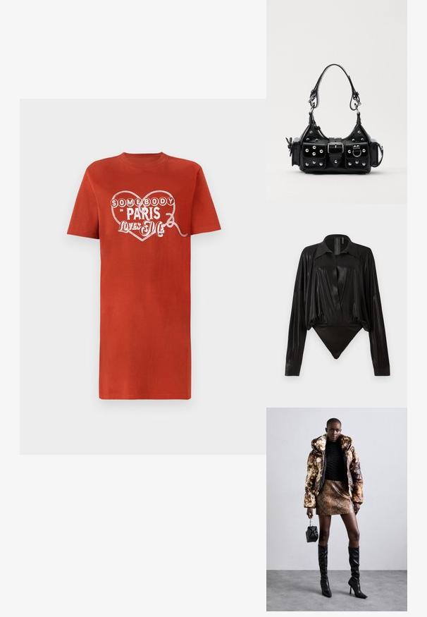 Sarkans kokvilnas T-krekls ar īsām piedurknēm, uz kura ir balta sirds grafika un teksts "Kāds Parīzē mani mīl." Gluda tekstūra.; Melnā bodijakā ar garām piedurknēm, V-veida kaklu un pieguļošu siluetu. Izgatavots no spīdīga, gluda auduma ar strukturētu apkakli un aprocēm.; Puffa jaka ar brūnu un melnu rakstu, kombinēta ar brūnu čūskas raksta mini svārkiem, melniem līdz ceļgala zābakiem un mazu melnu somiņu.; Melnas ādas rokturmais ar izliekumu, ar sudraba iedurtiem, sprādzi un divām sānu kabatām. Regulējams siksniņas garums dažādām nēsāšanas iespējām.