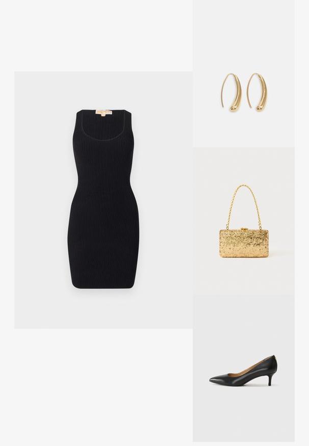 Černé žebrované šaty s přiléhavým střihem, kulatým výstřihem a bezrukávovým designem. Hladká textura vhodná pro neformální nebo poloformální nošení.; Černé kožené lodičky s špičatou špičkou, nízkým podpatkem a hladkým povrchem. Mají mírné otevření vpředu a minimální kovové prvky na zadní straně.; Zlatá flitrová kabelka ve tvaru obdélníku, s propleteným řetízkovým uchem a kovovým zapínáním, odrážející světlo s texturovaným povrchem.; Náušnice ve tvaru kruhu z pozlaceného kovu s vroubkovaným, prodlouženým tvarem. Mají hladký, lesklý povrch a zaoblený konec pro zvýraznění detailu.