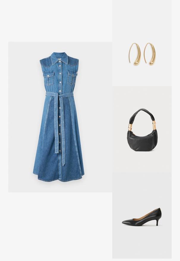 Jeanshemdkleid mit Kragen, ärmellosem Design, zwei Brusttaschen, tailliertem Bund und einem mittellangen, ausgestellten Saum. Helle blaue Farbe.; Schwarzer Lederpumps mit spitzem Zehenbereich, niedrigem Absatz und glatter Textur. Verfügt über eine leichte Öffnung an der Vorderseite und minimale Beschläge an der Rückseite.; Schwarze Lederhandtasche mit runder Form, weicher Textur und einem geknoteten Griff mit goldfarbenen Hardware-Akzenten. Reißverschlussverschluss.; Goldfarbene Metall-Hoops mit einer geschwungenen, länglichen Form. Sie verfügen über eine glatte, glänzende Oberfläche und eine abgerundete Spitze für zusätzliche Details.