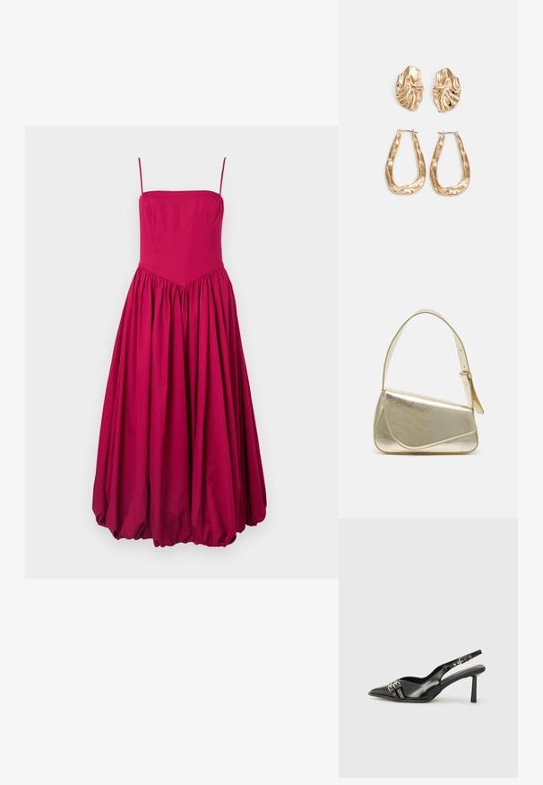 Robe sans manches fuchsia avec un corsage ajusté et une jupe évasée froncée. Fabriquée en tissu doux, elle présente une couture en V à la taille.; Chaussure slingback en cuir verni noir avec un embout pointu, des brides de cheville avec des boucles en argent et des éléments en métal, et un talon fin.; Sac à main en métal doré avec un design structuré, texture lisse et bandoulière ajustable. Présente une forme triangulaire unique et des coutures minimalistes.; Boucles d'oreilles dorées présentant des formes texturées et ondulées. Comprend des clips sculpturaux et un design de créoles ouvertes avec une finition martelée.