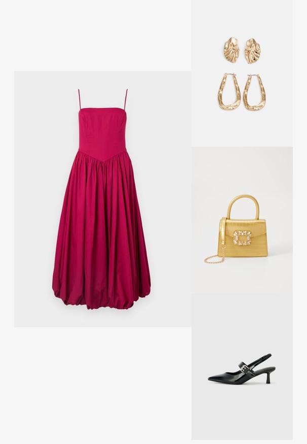 Fukšijasta brezrokavnica s krojem, ki se prilega telesu, ter razširjenim, nabiranim krilom. Narejena iz gladkega materiala, s v-oblikovanim šivom na pasu.; Črne patent usnjene slingback pete s koničastim nosom in majhnim blok peto, ki vključujejo srebrno zaponko na traku.; Rumeno usnjeno-usnje z vzorcem krokodila, s strukturiranim dizajnom, zgornjo ročajem, snemljivo verižico in dekorativnim kristalnim okrasjem na zaponki.; Zlato obarvani uhani z teksturiranimi, valovitimi oblikami. Vključujejo skulpturalne sponke za ušesa in odprto obliko obročka s kladivastim finišem.