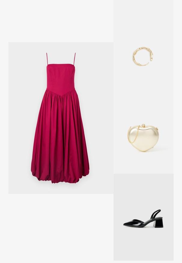 Fuksiaroosa sõrmusteta kleit, millel on vooderdatud kehaosa ja laienev, kogutud seelik. Valmistatud siledast kangast, millel on V-kujuline õmblus vöökoha juures.; Mustad musta lakknahk kingad, millel on terav varvas ja geomeetriline plokkkonts. Omab elegantselt minimalistlikku disaini ja sujuvat tekstuuri.; Kuldne metallist südamekujuline käekott ketiga ja pärlitöötlusega lukuga. Sile tekstuur, kompaktne disain väikeste esemete jaoks.; Kuldtoonis sõrmus, millel on orgaaniline, keerdunud disain sileda tekstuuri ja kitsenevate otstega, luues kaasaegse skulptuurilise välimuse.