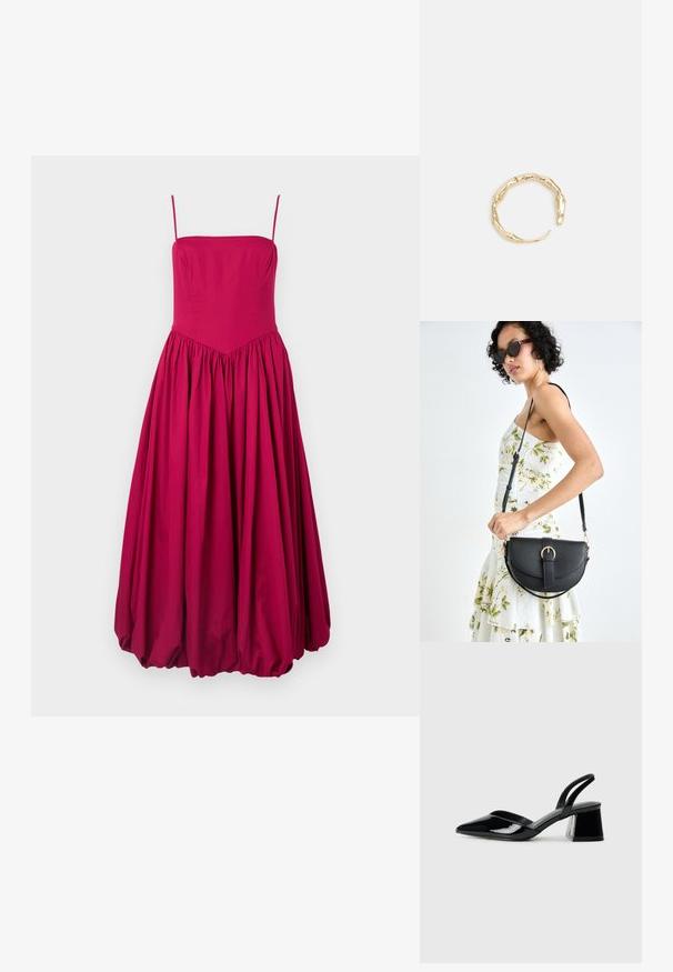 Fukšijasta brezrokavnica s krojem, ki se prilega telesu, ter razširjenim, nabiranim krilom. Narejena iz gladkega materiala, s v-oblikovanim šivom na pasu.; Črne lakirane slingback pete s koničastim nosom in geometrijsko blokasto peto. Imajo eleganten, minimalističen dizajn in gladko teksturo.; Črna usnjena torbica s ukrivljeno obliko, z odstranljivo naramnico in zlatimi dodatki. Torbica ima pokrov s podrobnostmi v obliki zaponke.; Zlati prstan s organskim, zvitim dizajnom, gladko površino in taperiranimi konci, ki ustvarja modernega, skulpturalnega videza.