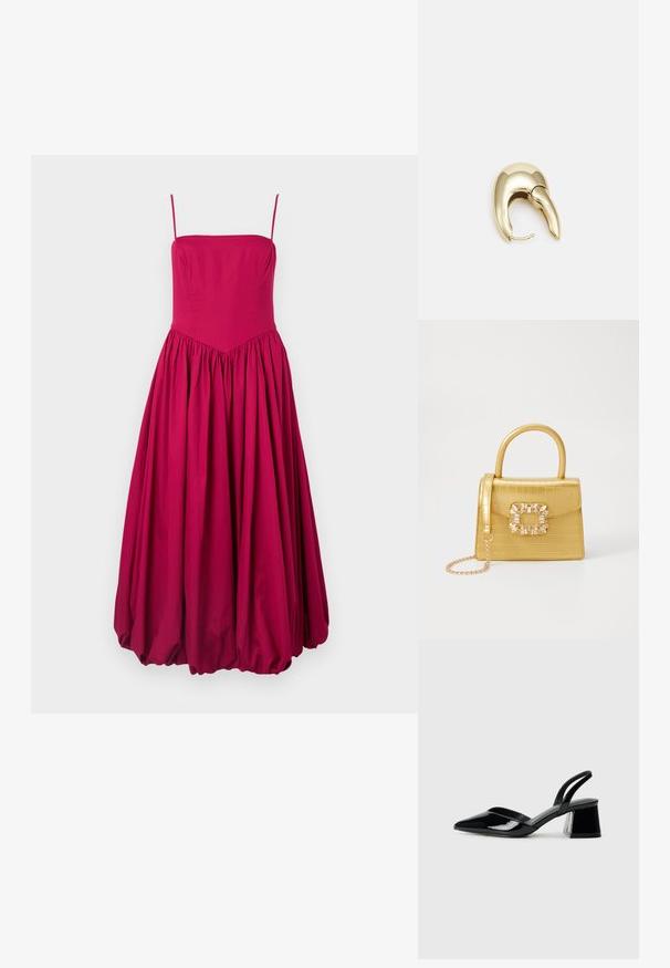 Fuksijas krāsas bez piedurknēm kleita ar pieguļošu augšdaļu un izplestu, sakārtotu svārku. Izgatavota no gludas auduma, ar V formas šuvi jostā.; Melna lakota āda ar atvērto papēdi, ar smailu purngalu un ģeometrisku blokpapēdi. Iezīmējas elegants, minimāls dizains un gluda tekstūra.; Dzeltena mākslīgā krokodila roku soma ar strukturētu dizainu, augšējo rokturi, noņemamu ķēdes siksniņu un dekoratīvām kristāla rotājumiem aizdares daļā.; Zeltīti metāla auskari ar gludu, izliekta dizaina. Ar atšķirīgu smailu formu, pulētu virsmu un eņģu aizdari.