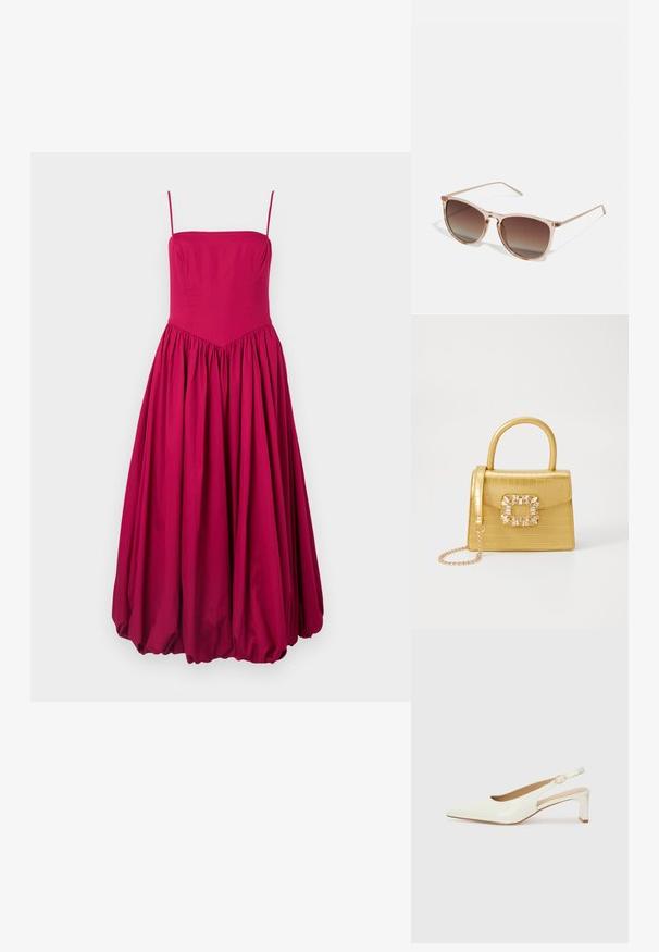 Fuchsiová bezrukávová šaty s priliehavým telom a rozšírenou, nariasenou sukňou. Vyrobené z hladkej látky, s v-šitím v oblasti pásu.; Biele lakované lodičky na podpätku so špicatou špičkou a nízkym blokovým opätkom. Obsahujú jemný remienok s detailom zlatého tónu.; Hnedé slnečné okuliare s prechodovým efektom a priehľadným ružovým rámom, štvorcového tvaru a tenkými kovovými ramenami. Obsahujú zaoblené okraje a minimálne detaily.; Žltá falošná krokodília kabelka so štruktúrovaným dizajnom, horným držadlom, odnímateľným reťazovým popruhom a dekoratívnym kryštálovým ozdobením na zapínaní.