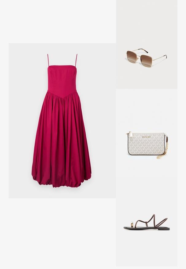 Rochie fără mâneci de culoare fucsia, cu un corset ajustat și o fustă evazată, plisată. Confectionată dintr-un material neted, având o cusătură în formă de V la talie.; Sandale plate maro cu mai multe curele subțiri, un bucluc pentru degetul mare și un accent de ton auriu. Talpa este plată și are o finisare netedă.; Ochelari de soare din metal auriu, cu montură pătrată, lentile cu gradient maro și detalii din piele de broască țestoasă pe brațe. Design ușor.; Clutch Michael Kors din canva acoperit bej, cu un model repetitiv al logo-ului MK, accesorii din aur și o curea cu lanț detașabil.
