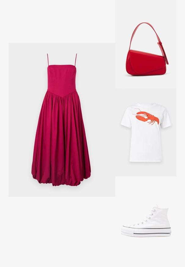 Robe sans manches fuchsia avec un corsage ajusté et une jupe évasée froncée. Fabriquée en tissu doux, elle présente une couture en V à la taille.; T-shirt en coton blanc avec un grand graphisme de homard rouge vif sur le devant. Manches courtes et design à col rond standard.; Baskets montantes en toile blanche avec semelle en caoutchouc noir, capuchon en caoutchouc à l'avant, et six œillets pour les lacets, présentant un design épuré et minimaliste.; Sac à main en cuir rouge avec un design angulaire et géométrique. Il dispose d'une seule sangle ajustable et d'une fermeture à rabat avec un detailing cousu.