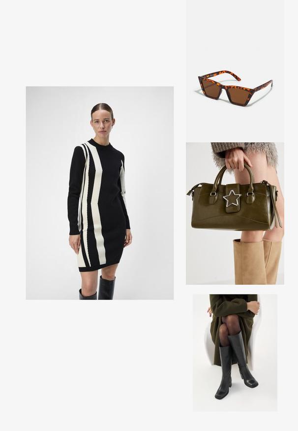Knit dress in black and cream with vertical striped patterns. Features a crew neckline and long sleeves, made from a soft texture.; Knee-high black leather boots with a squared toe and block heel, shown with a model seated in an olive green coat. Smooth texture, minimal detailing.; Brown-tinted sunglasses with a tortoiseshell pattern, angular frame, and slender arms. Lightweight plastic material.; Olive green faux leather handbag with silver star accent, dual handles, and a zip closure. Textured surface and structured shape.