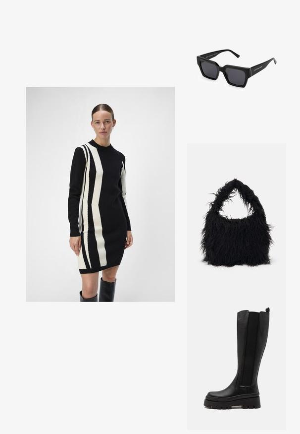 Vestito lavorato a maglia in nero e crema con motivi a righe verticali. Presenta un collo rotondo e maniche lunghe, realizzato in un tessuto morbido.; Stivale nero al ginocchio realizzato in pelle liscia, con pannelli laterali elastici, suola platform spessa e texture scanalata sulla base.; Occhiali da sole neri con montatura spessa e lenti scure. Presentano un marchio sul braccio laterale. Finitura liscia con una texture opaca.; Even&Odd Shopping bag - black