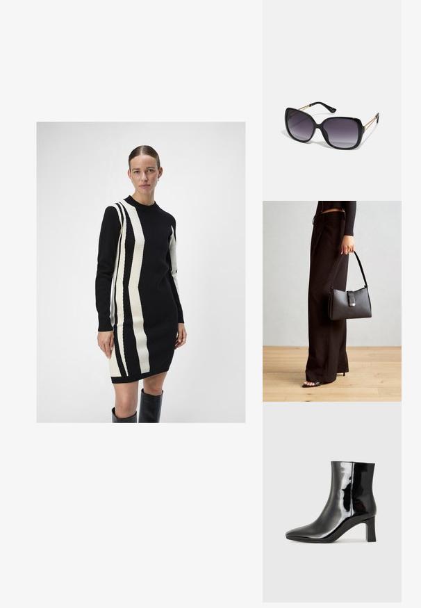 Robe tricotée en noir et crème avec des motifs rayés verticaux. Dotée d'un col rond et de manches longues, fabriquée dans une texture douce.; Bottines en cuir verni noir avec un bout pointu et un talon block de hauteur moyenne. Texture lisse et design minimaliste.; Lunettes de soleil noires surdimensionnées avec des verres dégradés, monture épaisse et détails en chaîne dorée sur les branches.; Sac à main noir à la forme structurée, texture lisse et fermoir métallique. Associé à un pantalon noir ample et des sandales ouvertes sur un sol en bois.