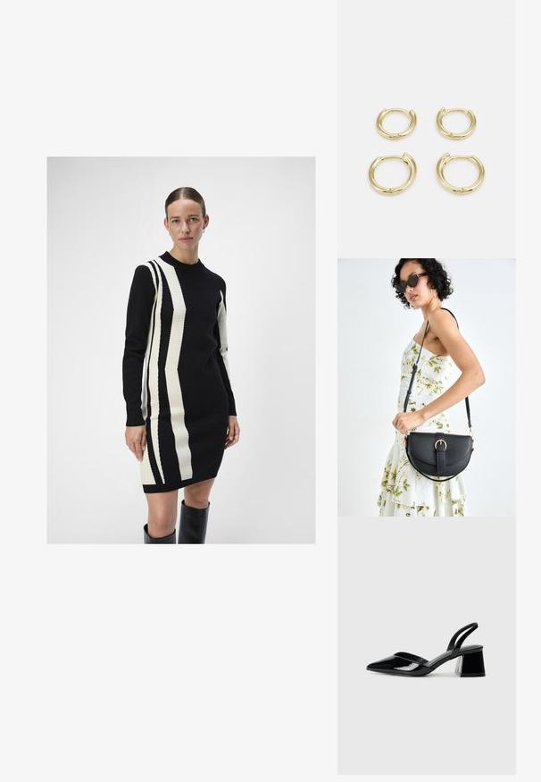 Strikkjole i sort og creme med lodrette stribemønstre. Har en rund halsudskæring og lange ærmer, lavet af en blød tekstur.; Sorte patentlæder slingback hæle med spids tå og en geometrisk blok hæl. Har et elegant, minimalistisk design og en glat tekstur.; Sort læderhåndtaske med en buet form, aftagelig rem og guldfinish. Tasken har en klap med en spænde detalje.; Guldøreringe, fire stykker, glat overflade, afrundet design, varierende størrelser, med hængselklips for nem påklædning.