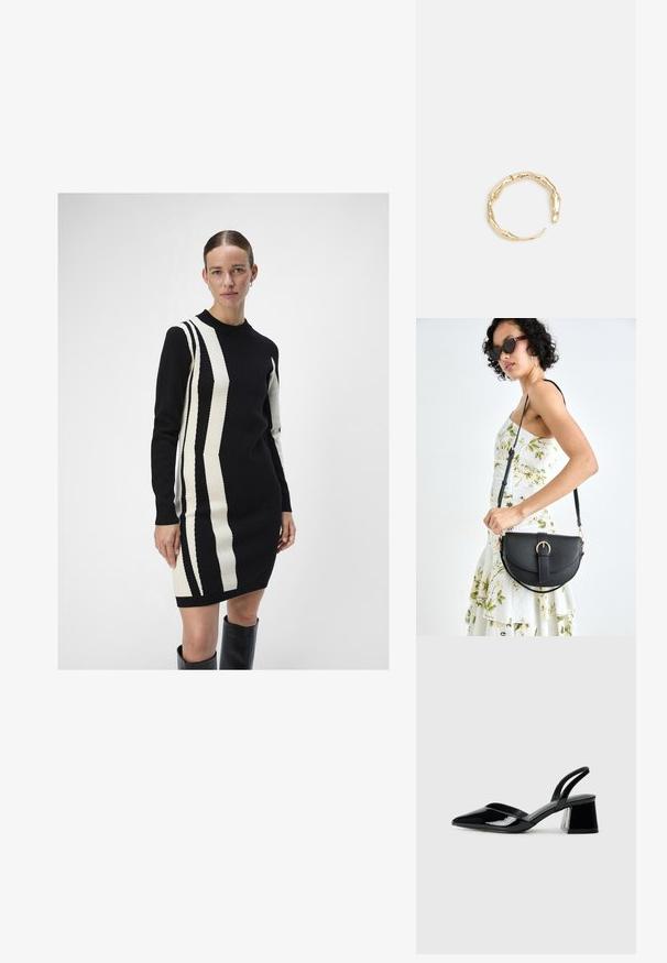 Knit dress in black and cream with vertical striped patterns. Features a crew neckline and long sleeves, made from a soft texture.; Black patent leather slingback heels with a pointed toe and a geometric block heel. Features a sleek, minimal design and smooth texture.; Black leather handbag with a curved shape, detachable strap, and gold hardware. The bag features a flap with a buckle detail.; Gold-tone ring featuring an organic, twisted design with smooth texture and tapered ends, creating a modern, sculptural appearance.
