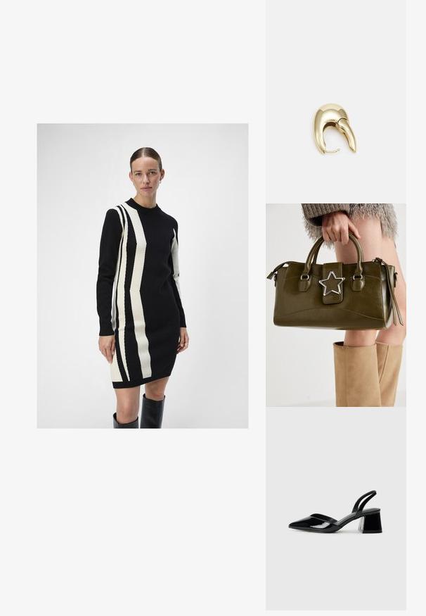 Knit dress in black and cream with vertical striped patterns. Features a crew neckline and long sleeves, made from a soft texture.; Black patent leather slingback heels with a pointed toe and a geometric block heel. Features a sleek, minimal design and smooth texture.; Olive green faux leather handbag with silver star accent, dual handles, and a zip closure. Textured surface and structured shape.; Gold-tone metal earring with a sleek, curved design. Features a distinctive pointed shape, polished surface, and hinge closure.