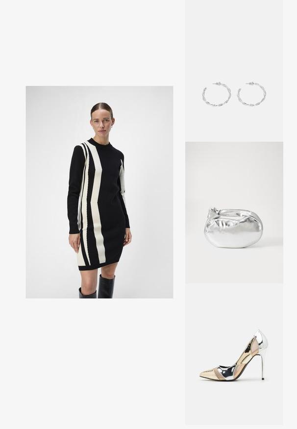 Strickkleid in Schwarz und Creme mit vertikalen Streifenmustern. Verfügt über einen Rundhalsausschnitt und lange Ärmel, hergestellt aus einem weichen Material.; Spitz zulaufender High-Heel-Schuh in einer Farbgestaltung aus Silber, Gold und Nude. Glänzende Oberfläche mit Ausschnittdesign und stiletto Absatz.; Silberne metallic Pouch-Tasche mit einer sanften, abgerundeten Form und einem geknoteten Verschluss oben. Hergestellt aus glattem Kunstleder.; Silberne Creolen mit gedrehter Gestaltung, ausgestattet mit einer polierten Oberfläche und einer Steckverschluss. Sie haben einen Durchmesser von ca. 3 cm.