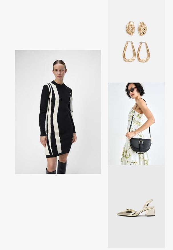 Vestito lavorato a maglia in nero e crema con motivi a righe verticali. Presenta un collo rotondo e maniche lunghe, realizzato in un tessuto morbido.; Tacchi slingback metallici color oro con punta appuntita e tacco grosso. Texture liscia, design minimalista e una cinghia stretta.; Borsa a tracolla nera in pelle con una forma curva, manico rimovibile e accessori dorati. La borsa presenta una patta con un dettaglio a fibbia.; Orecchini in tono oro caratterizzati da forme ondulate eTexture. Comprendono chiusure clip-on scultoree e un design a cerchio aperto con finitura martellata.