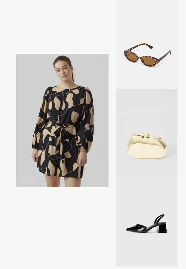 Zwarte jurk met abstract crèmekleurig patroon, lange puffmouwen, strik taille en ronde halslijn; lichtgewicht stof met een gestructureerde afwerking.; Zwarte gepatineerde leren slingback hakken met een spitse neus en een geometrische blokhak. Kenmerkt zich door een slank, minimalistisch ontwerp en een gladde textuur.; Schildpadvormige zonnebril met ovale lenzen, bruin getint, dunne armen met een gestructureerd patroon, lichtgewicht kunststof frame.; Metalen gouden clutch met een gladde, ronde vorm, voorzien van een bovenste knoopsluiting en een kleine kettingband om mee te dragen.