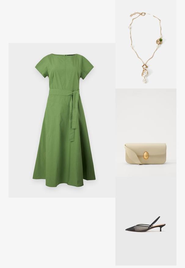 Green, knee-length dress in cotton with a fitted bodice, short sleeves, and a waist tie. Flared skirt with a smooth texture and minimal stitching.; NEOUS IRENA - Classic heels - black; Beige leather handbag with a smooth texture, rectangular shape, and a golden oval clasp. Features a long, adjustable strap.; Gold-tone necklace with twisted links, white pearls, and a green stone accent. Features intricate details and a clasp for fastening.