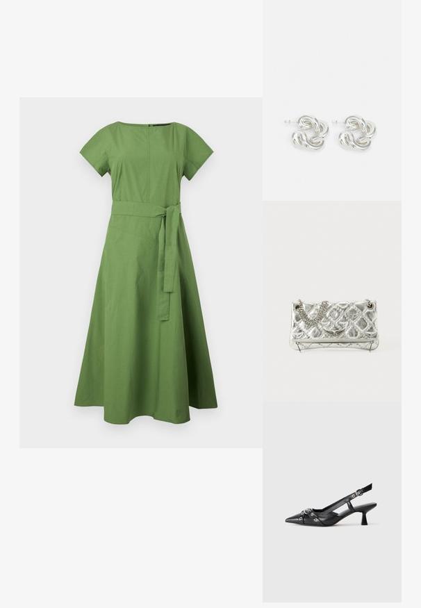 Vestido verde de algodón, hasta la rodilla, con un corsé ajustado, mangas cortas y un lazo en la cintura. Falda acampanada con una textura suave y costuras mínimas.; Zapato de slingback negro de piel con punta afilada, correas decorativas con ojales de metal y un tacón bajo y ancho. Superficie texturizada.; Bolso de mano metálico plateado con asa de cadena, textura acolchada, costura decorativa y cierre de cremallera. Presenta detalles en relieve en la parte frontal.; Pendientes de aro de plata con un diseño de cadena retorcida, textura suave y acabado reflectante, asegurados con una parte posterior de perno.