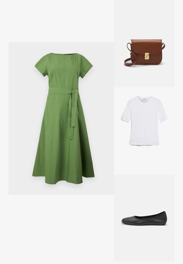 Grünes, knielanges Kleid aus Baumwolle mit tailliertem Oberteil, kurzen Ärmeln und einem Taillengürtel. Ausgestellter Rock mit glatter Textur und minimaler Naht.; Weißes kurzärmliges T-Shirt aus geripptem Stoff. Runder Halsausschnitt, normale Passform und dezente Nähte. Keine Muster oder Grafiken.; Schwarze Leder-Ballettschuhe mit abgerundeter Spitze, glatter Textur, minimalen Nähdetails und einem flexiblen Sohlen-Design.; Braune Ledertasche mit Klappenverschluss, Beschlägen in Goldfarbe, einem Schultergurt und einer glatten Oberfläche. Kompakte rechteckige Form.