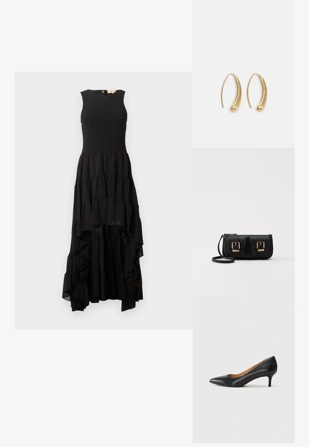 Rochie neagră fără mâneci, cu corset smocat și fustă cu volane în straturi, având un tiv asimetric și material ușor și fluid.; Pantofii din piele neagră au vârful ascuțit, toc mic și o textură netedă. Au o deschidere ușoară în față și un hardware minim în spate.; Geantă neagră din piele, tip crossbody, cu două buzunare frontale, catarame aurii, închidere cu fermoar și o curea subțire. Suprafață texturată și formă rectangulară compactă.; Cercei din metal auriu, cu un design curbat și alungit. Au o suprafață netedă și strălucitoare, cu un vârf rotunjit pentru un detaliu suplimentar.