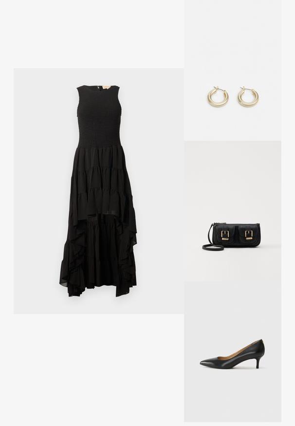 Ermeløs svart kjole med smocket liv og lagdelt volangskjørt, med en høy-lav kant og lett, flytende stoff.; Sorte lærpumpe med spiss tå, lav hæl og en glatt tekstur. Har en liten åpning foran og minimalt med beslag bak.; Svart skinn crossbody veske med to frontlommer, gyldne spenner, glidelåslukking og en slank stropp. Teksturert overflate og kompakt rektangulær form.; Lauren Ralph Lauren BASIC SMALL HOOP - Øredobber - gold-coloured