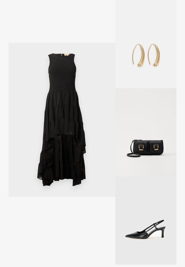 Kätsevartega must kleit, millel on voltidega bodi ja kihiline pitsiline seelik, millel on kõrge ja madal hemline ning kerge voolav kangas.; Mustmust paelad, millel on terav varvas, tekstuuriga maduprindiga, reguleeritav rihm ja lühike tekstuuriga plokknina.; Must küllastamata nahast õlakott, millel on kaks esist nähtavat taskut, kuldsed pandlad, tõmblukuga sulgemine ja peen rihm. Tekstuuriga pind ja kompaktne ristkülikukujuline kuju.; Kuldtoonilised metallist rõngas kõrvarõngad, millel on kõver ja piklik kuju. Omavad siledat, läikivat pinda ja ümarat tipptugevdust, mis lisab detaili.