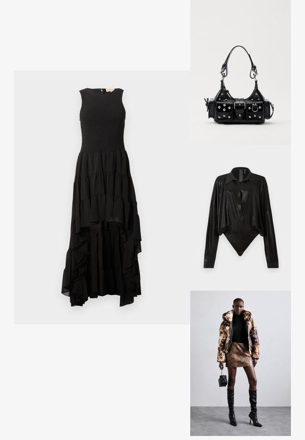 Ujjatlan fekete ruha smockolt felsőrésszel és réteges fodros szoknyával, magas és alacsony szegéllyel, könnyű, folyó anyagból.; Fekete egyrészes ruházat hosszú ujjakkal, V-kivágással és testhez simuló fazonnal. Fényes, sima anyagból készült, strukturált gallérral és mandzsettákkal.; Barna és fekete mintás puffjú dzseki, barna kígyóbőr mintás mini szoknyával, fekete térdig érő csizmával és egy kicsi fekete táskával párosítva.; Fekete bőr kézitáska ívelt designnal, ezüst szegecsekkel, csattal és két oldalsó zsebbel. Állítható vállpánt a hordozási lehetőségekhez.