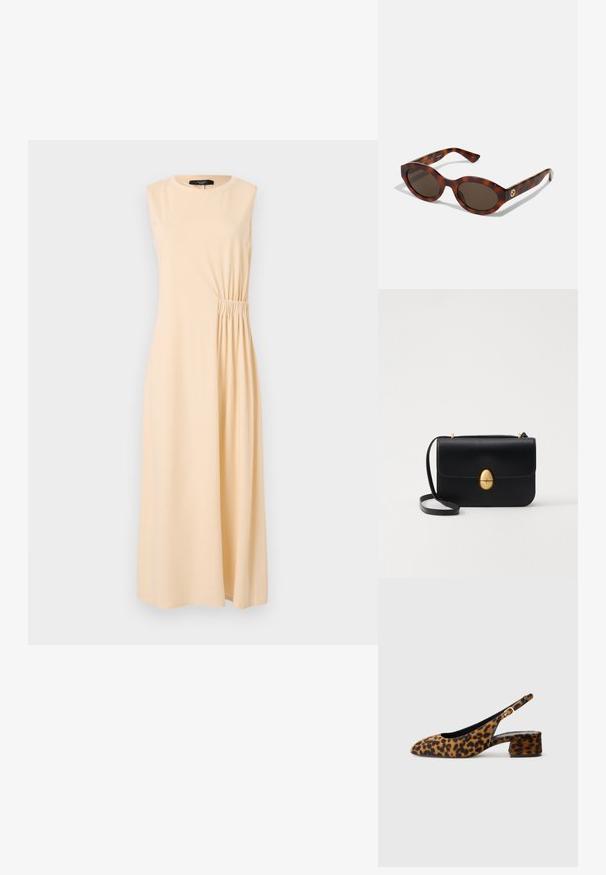 Bezrūpju midi kleita gaiši bēšā krāsā, ar savāktiem sānu elementiem. Izgatavota no mīkstas auduma, ar apaļu kakla izgriezumu un brīvu piegriezumu.; Sieviešu leopardu raksta siksniņu kurpes ar zemu bloku papēdi un zelta sprādzi sānu siksniņā, attēlotas sānu profilā uz vienkārša fona.; Tortoise krāsas saulesbrilles ar noapaļotiem ietvariem, tumšiem stikliem un zelta logotipa detaļām uz tempļiem. Gluda plastmasas materiāls, bez redzamām rakstu formām.; Melnas ādas rokassomu ar strukturētu taisnstūra formu. Iespējas zelta ovāla slēdzis un plāns plecu siksna. Gluda tekstūra.