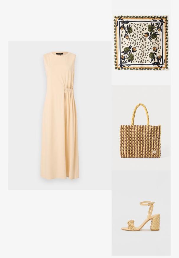 Šviesiai bežinė be rankovių midi suknelė su surinktu šonu. Pagaminta iš minkštos medžiagos, su apvaliu iškirpimu ir laisvu siluetu.; Bežiniai aukšti kulniukai su pintu tekstūra, puošiami dekoratyvine gėle ir kulkšnies dirželiu. Kvadratinis kulnas suteikia stabilumo.; Šilkinis šalikas, turintis grietinėlės spalvos foną su žiedų raštais žalia ir oranžine spalvomis. Apsuptas raštuoto apvado su žaliais akcentais.; Ruda ir geltona audinio rankinė, turinti stačiakampį formą, dvi rankenas ir tekstūruotą paviršių su matomais siūlėmis bei prekių ženklu.