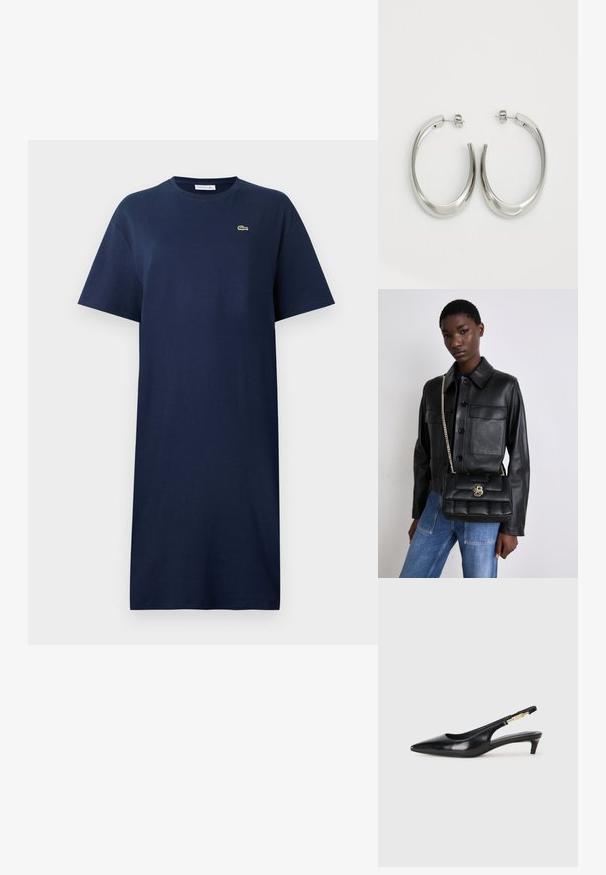 Tummansininen puuvillamekkopaita lyhyillä hihoilla, pyöreällä kaula-aukolla ja pienellä vihreällä logolla rinnassa. Suora leikkaus, polven pituinen malli.; Mustat nahkaiset slingback-korkokengät, joissa on terävä kärki, ohuet korot ja kultasävytteinen yksityiskohta säädettävässä hihnassa. Silkkinen pinta.; Mustat nahkatakki, jossa on napitus ja kaksi etutaskua, yhdistetty mustaan tikattuun käsilaukkuun, jossa on kultainen lukko ja ketjuolkaimet.; Hope hopeista, joissa on sileä, kaareva muotoilu. Varustettu kiiltävällä metallipinnoitteella ja nappikiinnityksellä. Ei näkyviä kuvioita tai koristeluja.