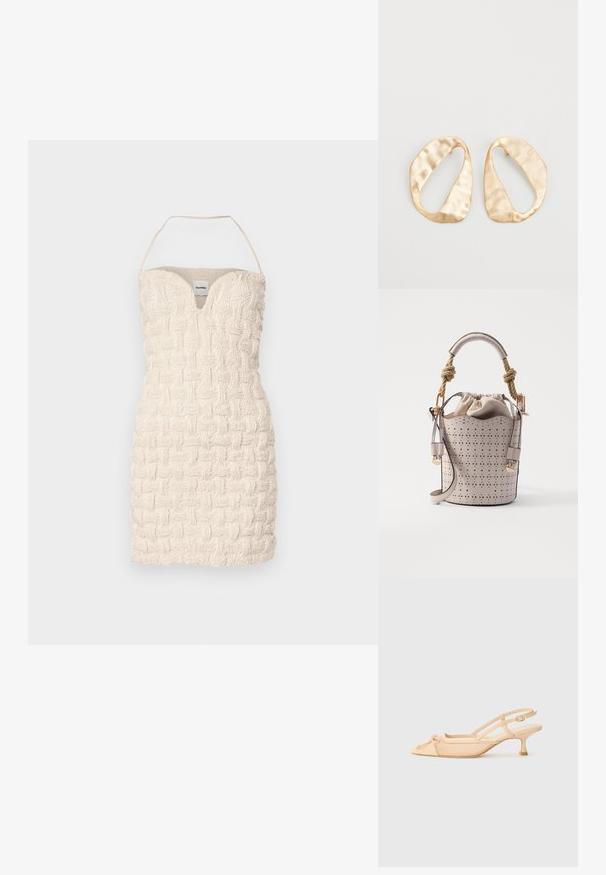 Nanushka JANNIKA - Vestido de cocktail / Vestido de festa - creme; Stuart Weitzman KITTY - Saltos clássicos - beige/barely beige; Vanessa Bruno HOLLY MINI - Mala de mão - ivoire; Par de brincos irregulares em forma oval, feitos de metal dourado, com uma superfície texturizada e ligeiramente martelada, sobre um fundo branco.