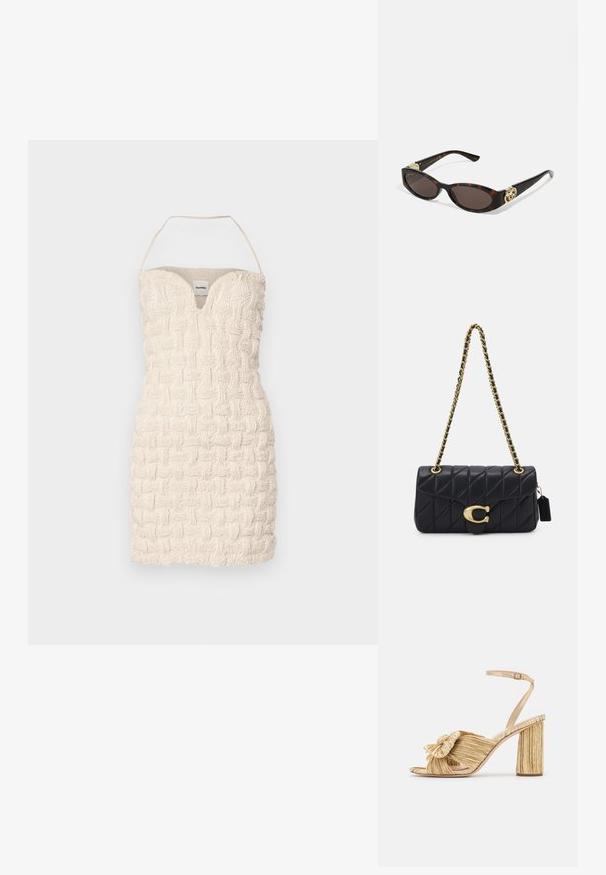 Nanushka JANNIKA - Vestido de cocktail / Vestido de festa - creme; Sandálias douradas de salto alto com um nó na frente, textura plissada e tiras no tornozelo. O salto quadrado tem um design estriado, aumentando a aderência.; Óculos de sol de tartaruga com lentes ovais alongadas, tom castanho, acentos de logotipo dourado nas hastes e hastes pretas elegantes.; Mala acolchoada preta com uma alça de corrente dourada, apresentando um fecho dourado distinto e uma pequena etiqueta, exibindo uma superfície de couro texturizada.