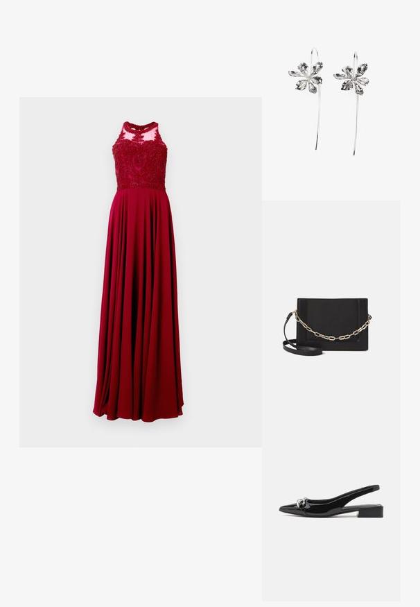 Pikk punane kleit, millel on liibuv vooder ja keeruline helmestikuga kaunistus ning voolav seelik. Materjal näib sile ja kerge sära.; Mustad nahast slingback kingad terava nina ja hõbedaste detailidega, madala plokkn红黑大战. Ühtlane, läikiv tekstuur kogu ulatuses.; Mustast nahast õlakott, mis omab siledat tekstuuri, ristküliku kuju ning esiküljel metallketi detaili. Reguleeritav rihm on kaasas.; Hõbedased lillekujulised kõrvarõngad tekstureeritud viimistlusega, pikal konksul ja kroonlehtedetaoliste detailidega, moodustades keeruka disaini.