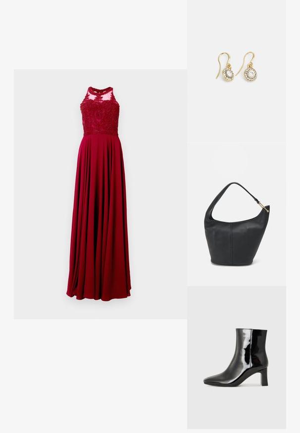 Dolga rdeča obleka z oprijetim zgornjim delom, okrašenim z zapletenimi biseri, in tekočim krilom. Material se zdi gladek z rahlim sijajem.; Črne lakirane gležnjarje z ošiljenim nosom in srednje visokim blokastim peto. Gladka tekstura in minimalističen dizajn.; Črna usnjena torbica ovalne oblike, s širokim pasom in teksturirano površino. Ima subtilno šivano podrobnost in zlate dodatke.; Zlato obarvani uhani z ovalnimi prozornimi kristali, ki jih obdajajo manjši prozorni kamenčki, s sistemom za oblačenje za varno nošenje.