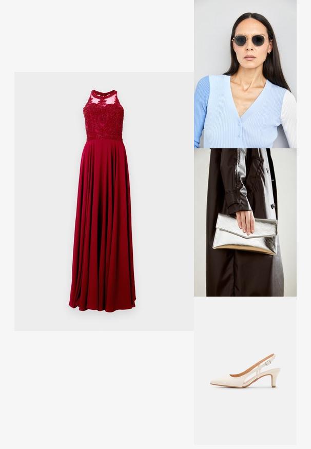 Langes rotes Kleid mit einem taillierten Oberteil und aufwendiger Perlenstickerei sowie einem schwingenden Rock. Das Material wirkt glatt mit einem dezenten Glanz.; Weiße Slingback-Absätze mit spitzer Zehenpartie, glattem Obermaterial, niedrigem Blockabsatz und seitlichem Ausschnitt-Design mit verstellbarem Schnallenriemen.; Runde Sonnenbrillen mit dunklen Gläsern und goldenen Rahmen. Das Modell trägt eine hellblaue, gerippte Strickjacke mit Knöpfen und weißen Kontrastärmeln.; Silberner metallischer Clutch mit einem eckigen Umschlagdesign, glatter Textur und kontrastierender Innenfarbe, gehalten in einer Hand, die einen schwarzen Mantel trägt.