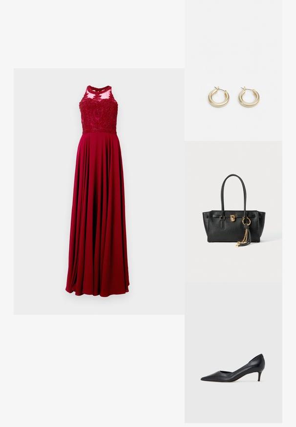 Vestido longo vermelho com um corpete ajustado decorado com intrincados bordados e uma saia fluida. O material parece liso com um brilho subtil.; Sapato de salto alto preto em pele com bico fino e salto baixo. Apresenta uma textura suave e brilho subtil. Corte aberto na parte da frente para um detalhe adicional.; Bolsa de pele preta com alças duplas, fecho dourado e detalhe em corrente, além de um acessório de tassel preto e branco, contra um fundo branco.; Lauren Ralph Lauren BASIC SMALL HOOP - Brincos - gold-coloured