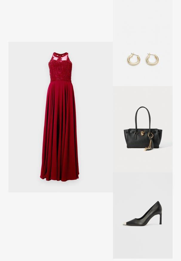 Garšīga sarkana kleita, kurai ir pieguļošs korpuss ar sarežģītu krellīšu apdari un plūstoša svārka. Materiāls izskatās gluds ar smalku spīdumu.; Melns ādas augstpapēžu kurpes ar smailu purngalu un metāliski sudraba uzgali. Ir gluda apdare un slaids 10 cm augsts papēdis.; Melnas ādas rokassomu ar divām rokturiem, zelta slēdzi un ķēdes detaļu, kā arī melnbaltu pušķa aksesuāru uz balta fona.; Lauren Ralph Lauren BASIC SMALL HOOP - Auskari - gold-coloured