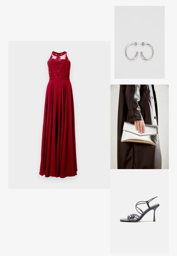 Long red dress featuring a fitted bodice with intricate beadwork and a flowing skirt. The material appears smooth with a subtle sheen.; Black high-heeled sandals feature thin straps with a knotted design, a smooth square toe, and a sleek stiletto heel.; Silver metallic clutch with an angular envelope design, smooth texture, and contrasting interior color, held in a hand wearing a black coat.; Silver hoop earrings with a smooth, shiny surface, featuring a curved shape and post-back closure. Minimalist design with a modern finish.
