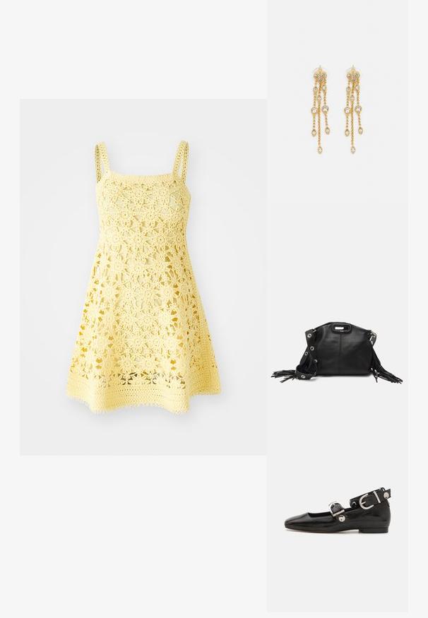 Yellow crochet dress with a square neckline, thin straps, and floral pattern. Features a flared shape with a scalloped hem.; Black patent leather flat shoe with a squared toe, ankle strap featuring silver hardware, and flat sole. Smooth texture with minimalist design.; Maje MISS MINI - Cross body bag - noir; Gold-tone earrings with multiple cascading chains, featuring clear oval rhinestone accents and decorative stud tops.