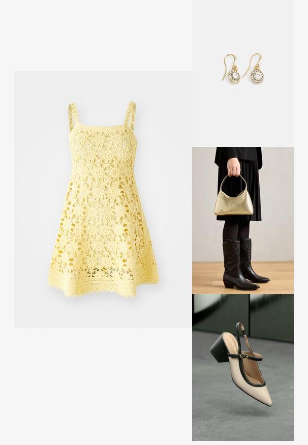 Robe au crochet jaune avec un décolleté carré, des bretelles fines et un motif floral. Présente une forme évasée avec un ourlet festonné.; Escarpin beige à bout pointu et bride arrière, avec des finitions noires, une boucle dorée et un talon bloc épais, posé sur un sol gris avec un fond vert foncé.; Sac à main texturé doré avec une forme arrondie et une courte poignée, tenu par une personne portant une jupe plissée noire et des bottes cowboy en cuir noir.; Boucles d'oreilles en ton or avec des cristaux transparents en forme d'ovale entourés de plus petits cristaux transparents, dotées d'un design à crochet pour un port sécurisé.