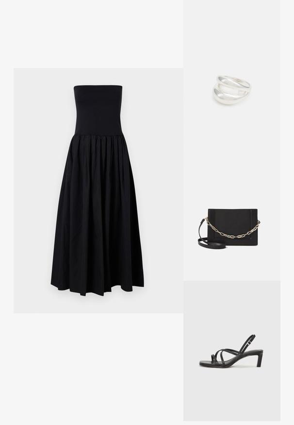 Črna brezramna maksi obleka z oprijetim telesom in nabrano, tekočo krilo. Narejena iz gladkega materiala, z enotno barvo in brez vzorcev.; Črne natikače s trakovi in kvadratnim prstom ter nizkim blokastim peto. Imajo več tankih trakov in nastavljiv trak okoli gležnja. Narejene so iz gladkega usnja.; Črna usnjena torba čez ramo z gladko teksturo, pravokotno obliko in kovinskim verižnim detajlom spredaj. Vključena je nastavljiva naramnica.; Srebrn dvojni prstan z gladko, polirano površino. Ima tekoč, ukrivljen dizajn z prekrivajočimi se sekcijami za sodoben videz.