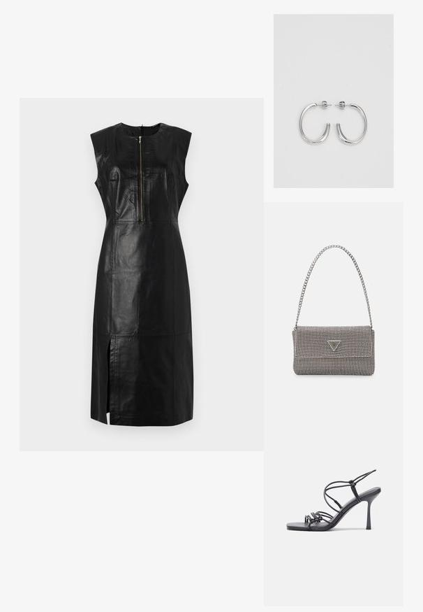 Musta nahast ilma varrukateta kleit, millel on kõrge kaelus, eesne lukuga ja küljes lõhik; omab vormitud siluetti ja sujuvat tekstuuri.; Mustad musta värvi kontsandaalid on varustatud peente rihmadega, millel on sõlmekujundus, siledad ruudukujulised varbad ja stiilne stilettokonts.; Helehall metallik handbags, millel on kett, kaunistatud väikeste ümmarguste metallist õmblustega ja kolmnurkse brändi logoga.; Hõbedased rõngaskõrvarõngad, millel on sile ja läikiv pind. Ümar kuju, kerge disain, millel on post-tagumise kinnituse süsteem.