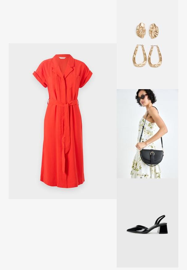 Punainen mekko, jossa on kaulus, lyhyet käännetyt hihat, vyö ja kaksi etutaskua. Pehmeä kangas, rento malli ja midi-pituus.; Mustat patentoitu nahkakengät, joissa on säären takaosa ja terävä kärki, sekä geometrinen palikkakorko. Sisältää tyylikkään, minimalistisen muotoilun ja sileän pinnan.; Musta nahkainen käsilaukku, joka on kaareva muotoilultaan, irrotettavalla hihnalla ja kultaisilla yksityiskohdilla. Laukussa on läppä, jossa on solk yksityiskohta.; Korukultainen korvakorut, joissa on teksturoituja, aaltoilevia muotoja. Mukana on veistokselliset klipsikorvakorut ja avoin rengasmalli, jossa on vasaroitu pinta.