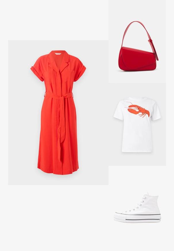 Vestito rosso con colletto, maniche corte arrotolate, una cintura e due tasche frontali. Tessuto liscio con una vestibilità comoda e lunghezza midi.; T-shirt bianca in cotone con una grande grafica di aragosta rossa brillante sul davanti. Maniche corte e design con colletto rotondo standard.; Sneaker alta in tela bianca con suola in gomma nera, punta in gomma frontale e sei asole per i lacci, caratterizzata da un design pulito e minimalista.; Borsa a tracolla in pelle rossa con un design angolare e geometrico. Presenta una singola tracolla regolabile e una chiusura a patta con dettagli cuciti.