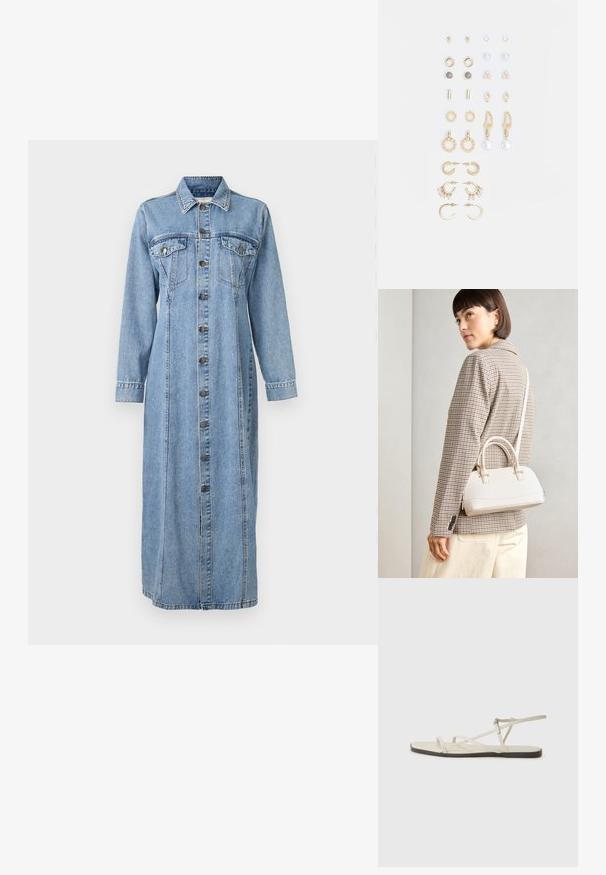 Farmering ingruha gombos elülső résszel, két mellzsebbel, hosszú ujjal, galléros nyakkal és laza, bokáig érő siluettel.; Beige lapos szandál, amelyet több vékony pánt díszít, és állítható csattal rendelkezik. A talpa lapos, az élein enyhe sötét kontraszttal.; Fehér, strukturált kézitáska rövid füllel és vállpánttal, arany színű fém kiegészítőkkel és texturált anyagból, szürke háttér előtt bemutatva.; Arany tónusú fülbevalók szettje, amely különféle mintákat tartalmaz, beleértve a stift fülbevalókat, karikákat és gyöngyökkel és strasszokkal díszített hosszú fülbevalókat.